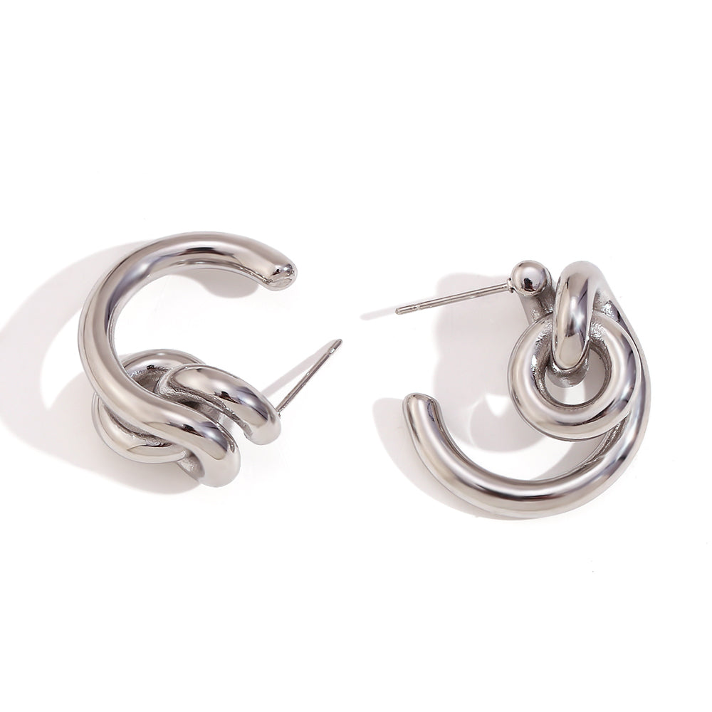 Women's 18k Gold Two Tone Silver Waterproof Stainless Steel Lock C-shaped Earrings