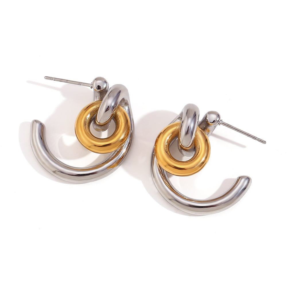 Women's 18k Gold Two Tone Silver Waterproof Stainless Steel Lock C-shaped Earrings
