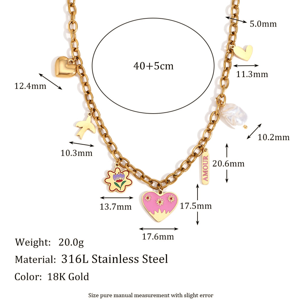 18k Gold Waterproof European Style Stainless Steel Pink Heart Pearl Pendant Necklace