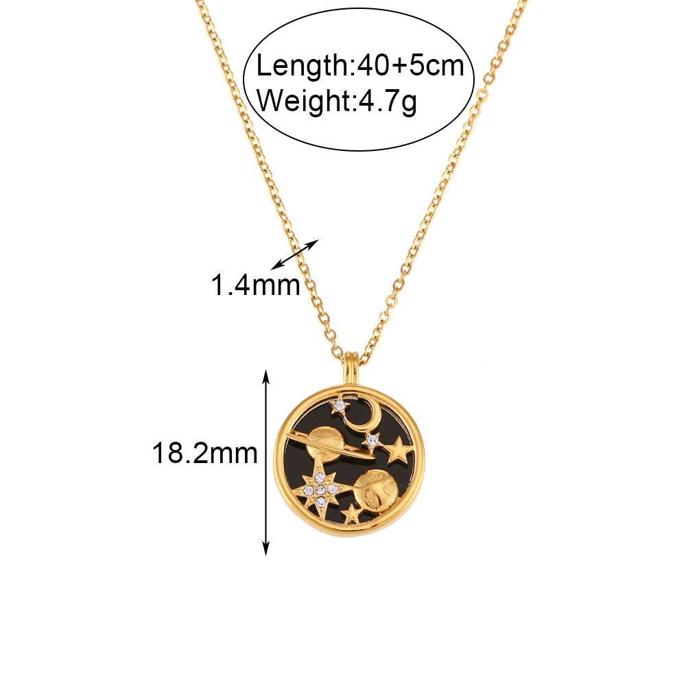Women's Stainless Steel Black White Shell Moon Star Universe Coin 18k Gold Waterproof Necklace