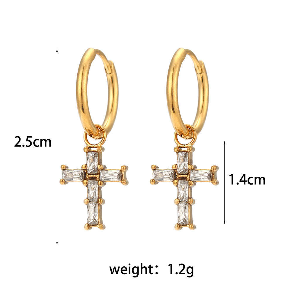 18k Gold Stainless Steel Waterproof Bling CZ Charm Cross Heart Butterfly Star Earrings
