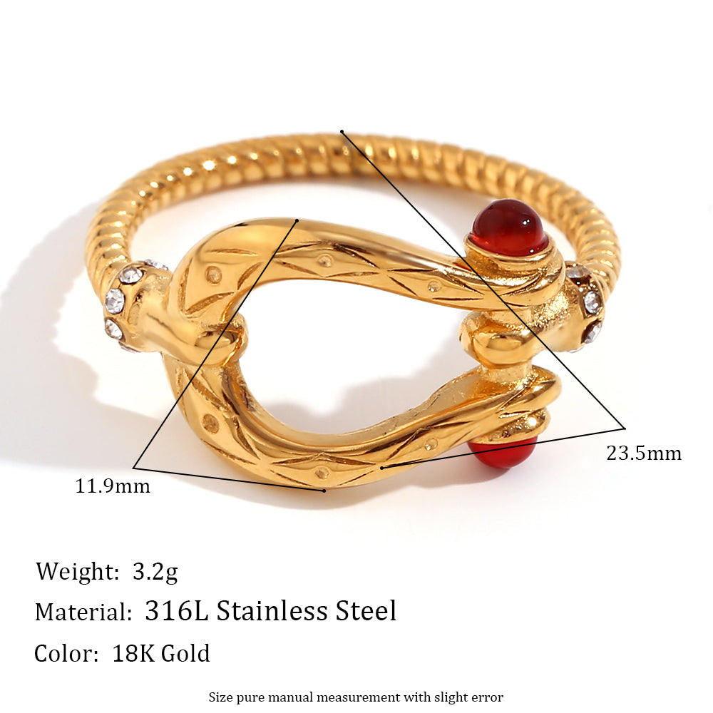 Ladies Oval Amazonite White Jade Heart 18k Gold Waterproof Stainless Steel Rings