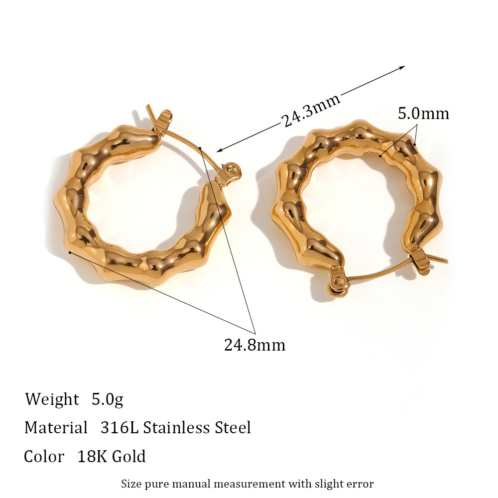 18k Gold Light Weight Stainless Steel Bamboo Nodes Shape Waterproof Hoop Earrings