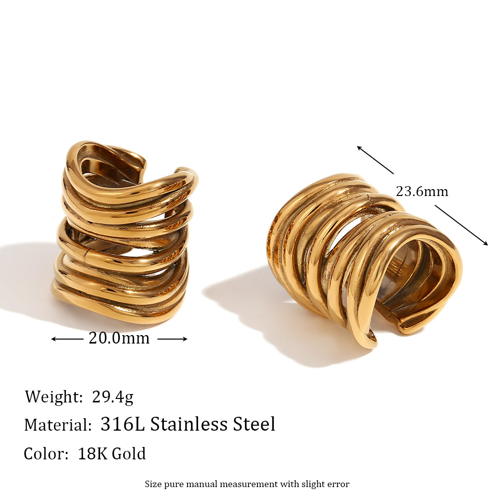18k Gold Wrap Classic Circular Wave V-shaped Multi Layer Stainless Steel Earrings