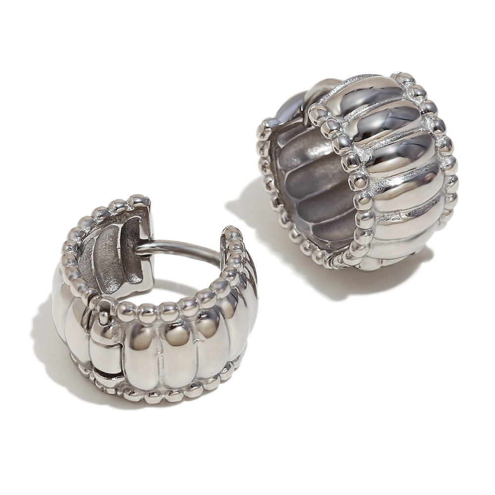 Ladies Beads Edge 18k Gold Stainless Steel Thread Pattern Round Hoop Earrings