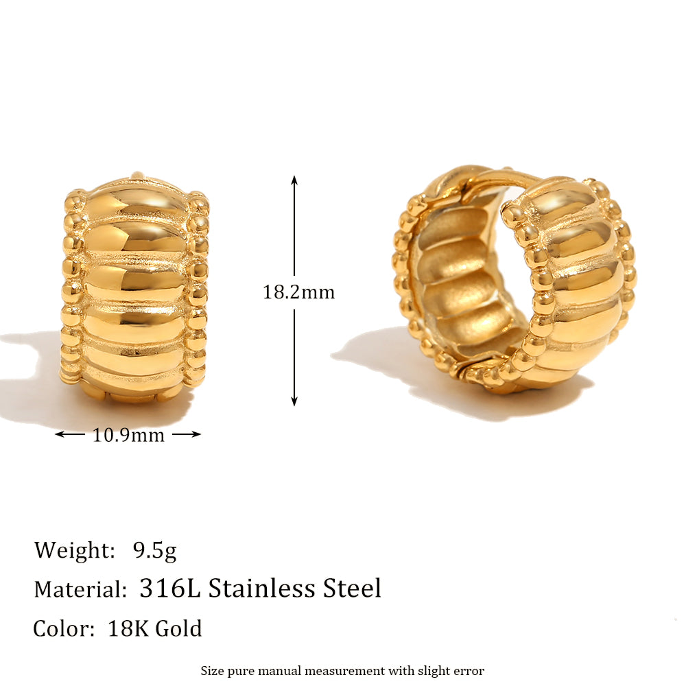 Ladies Beads Edge 18k Gold Stainless Steel Thread Pattern Round Hoop Earrings