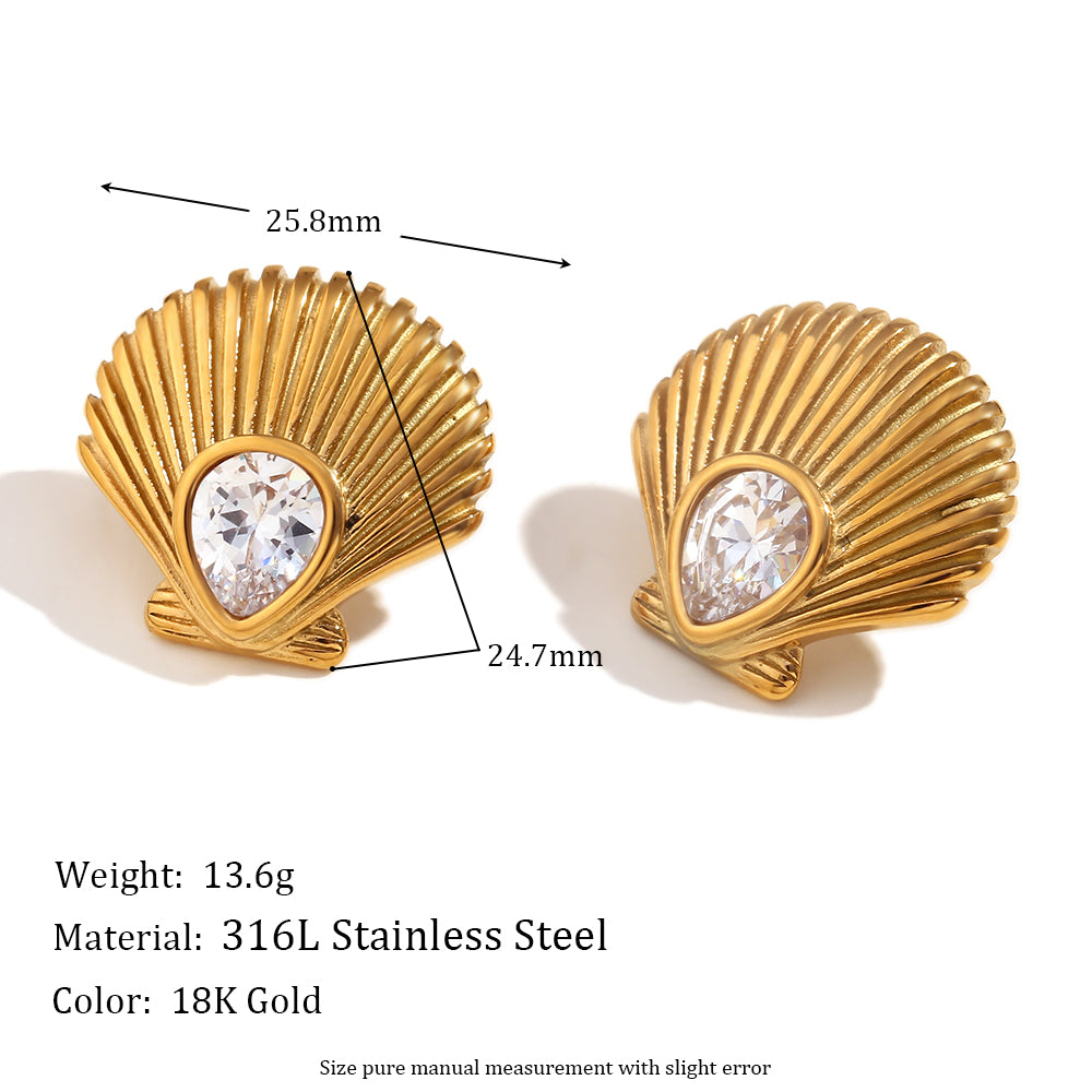 18k Gold Stainless Steel Spiral Conch Scallop White Braided Waterproof Bling Earrings