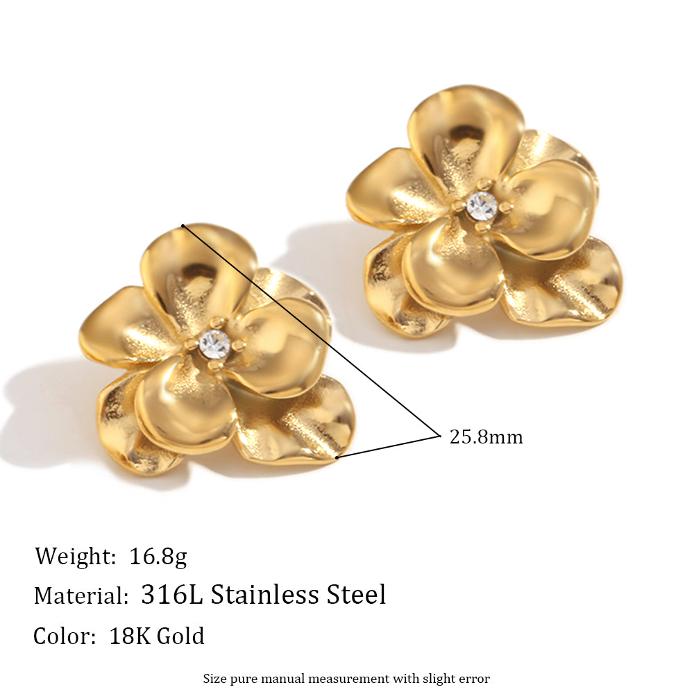 Stainless Steel Retro Flower Double Layer 18k Gold Silver Waterproof Earrings