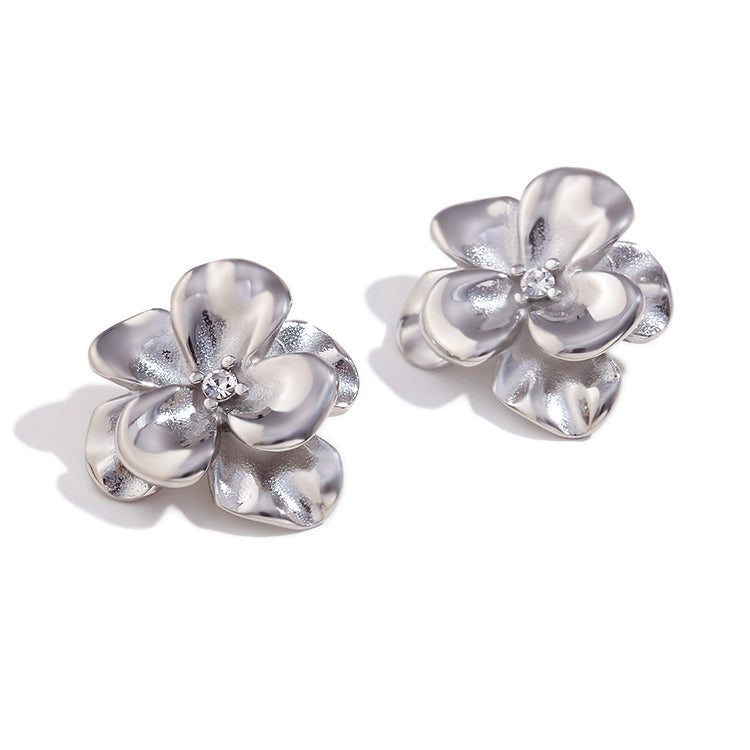 Stainless Steel Retro Flower Double Layer 18k Gold Silver Waterproof Earrings
