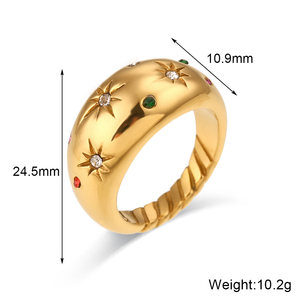 Ladies Stainless Steel Colorful Crystal Zircon Gem Star Pattern Bold Dome Stainless Steel Rings