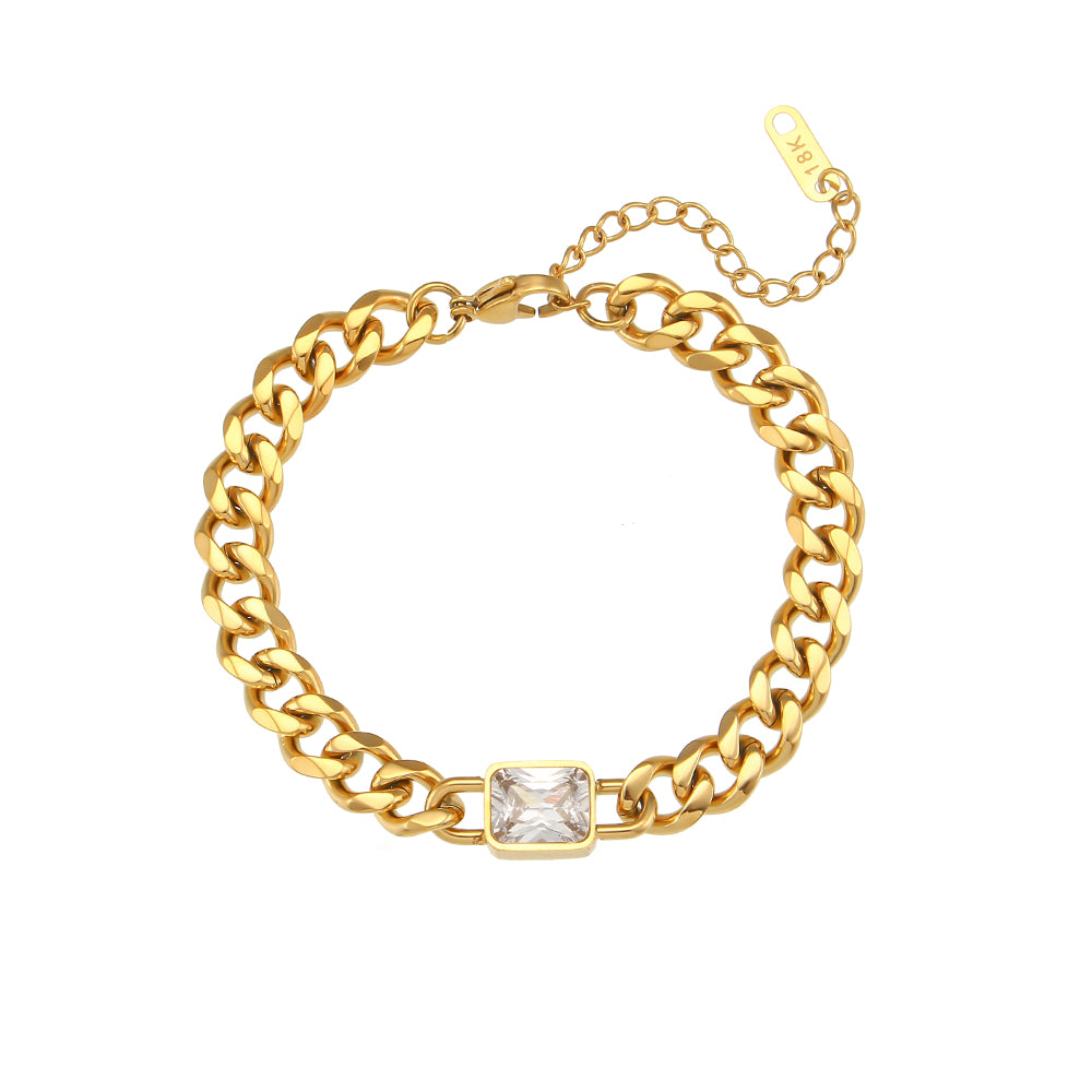 18k Gold Square Cubic Zirconia Black White Green Red Stone Hip Hop Cuban Chain Bracelet