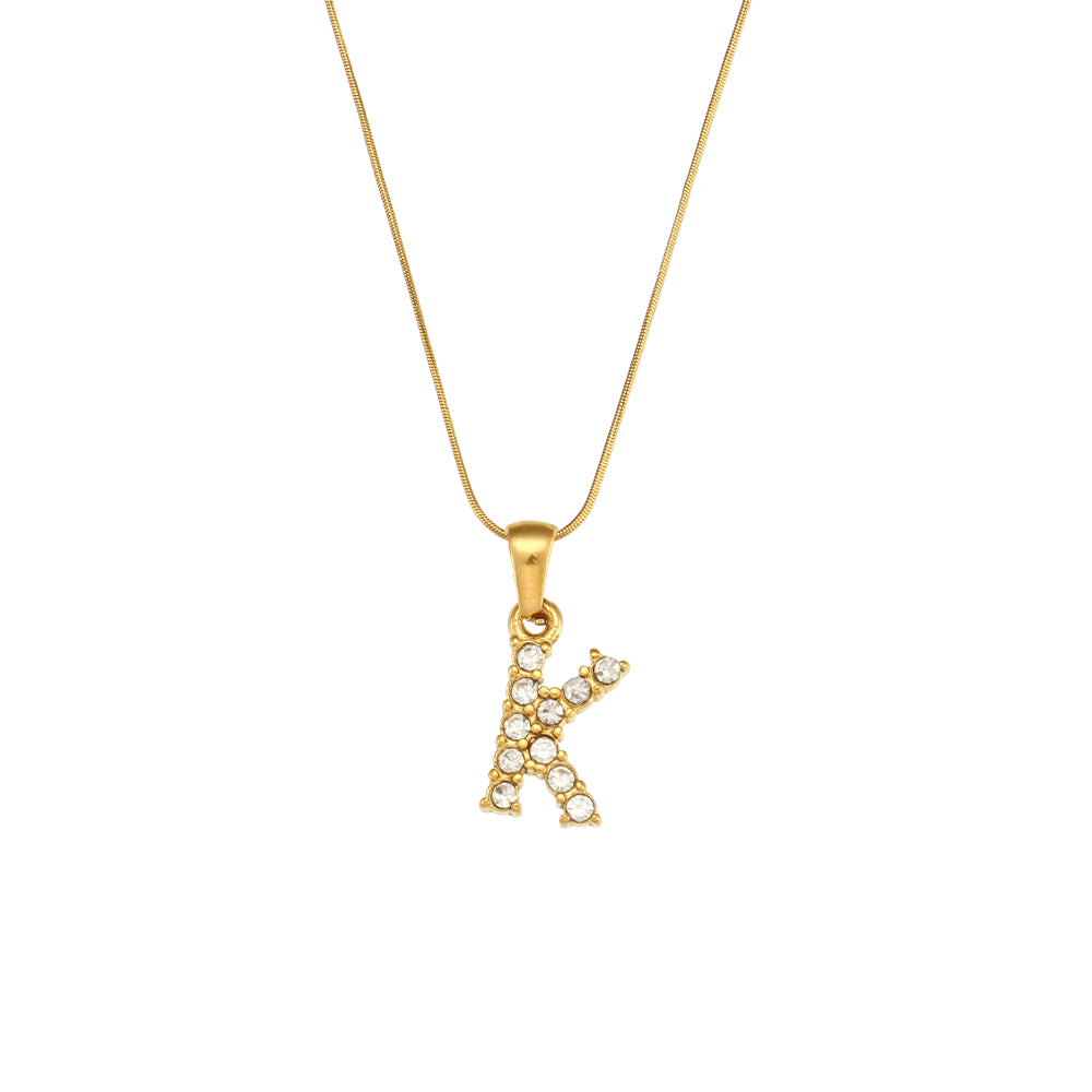 18k Gold Stainless Steel Thin Snake Chain 3A Zircon Stone Paved Initial Necklace