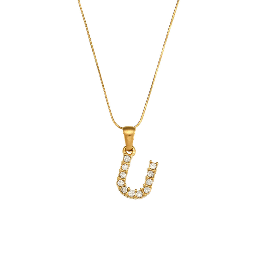 18k Gold Stainless Steel Thin Snake Chain 3A Zircon Stone Paved Initial Necklace