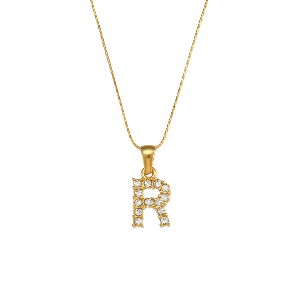 18k Gold Stainless Steel Thin Snake Chain 3A Zircon Stone Paved Initial Necklace