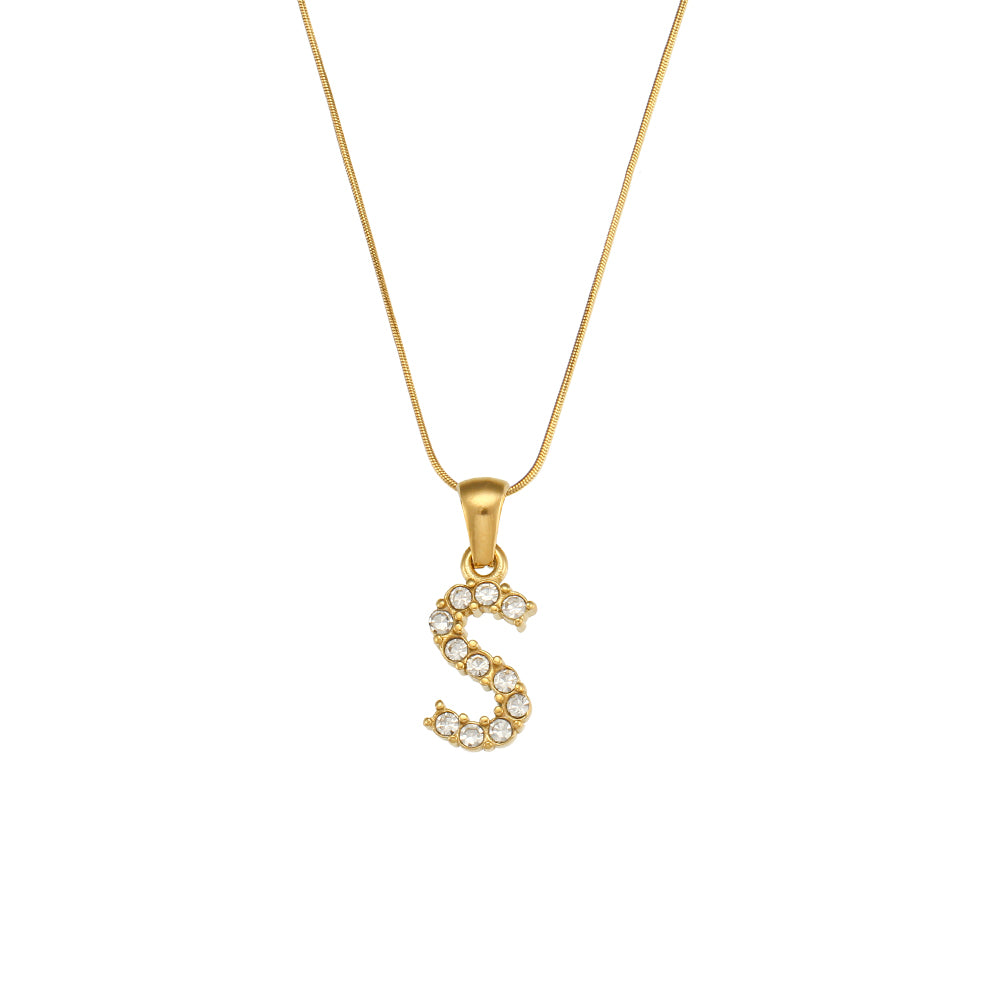 18k Gold Stainless Steel Thin Snake Chain 3A Zircon Stone Paved Initial Necklace