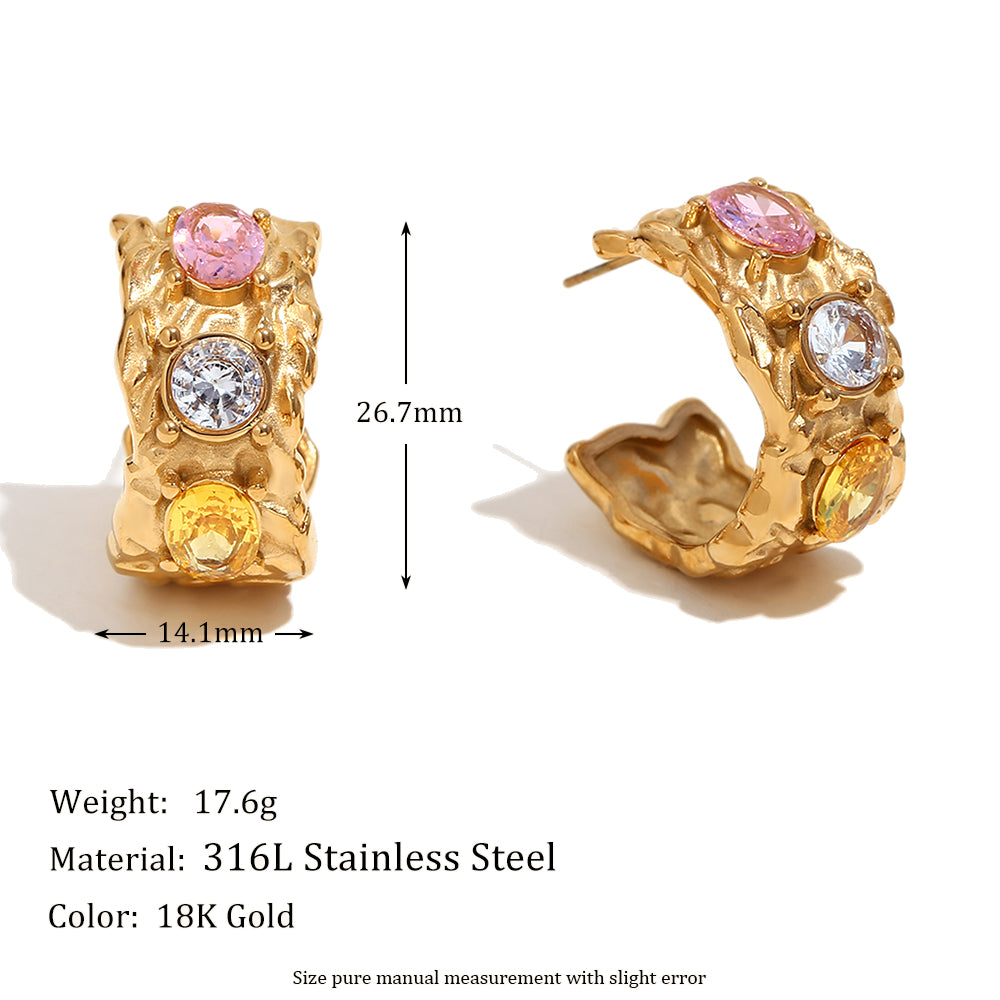 18k Gold Waterproof Irregular Colorful CZ Stainless Steel Bracelet Earring Ring Jewelry Set