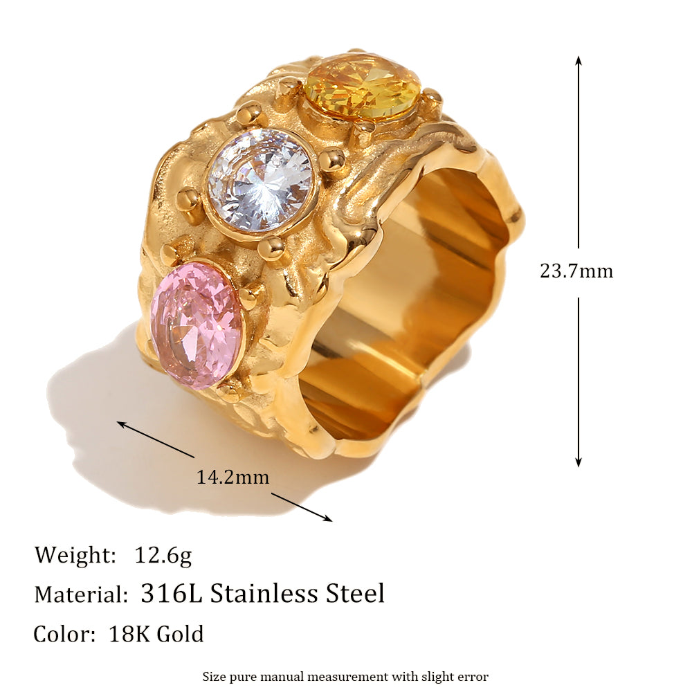 18k Gold Waterproof Irregular Colorful CZ Stainless Steel Bracelet Earring Ring Jewelry Set