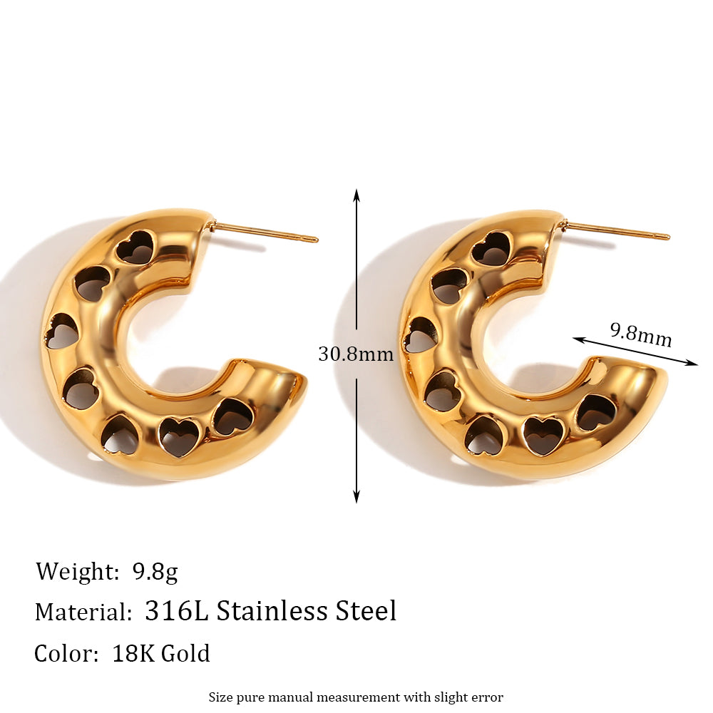 18k Gold O-shaped Street Wear Exaggerated Croissant Mini Hollow Stainless Steel Earrings