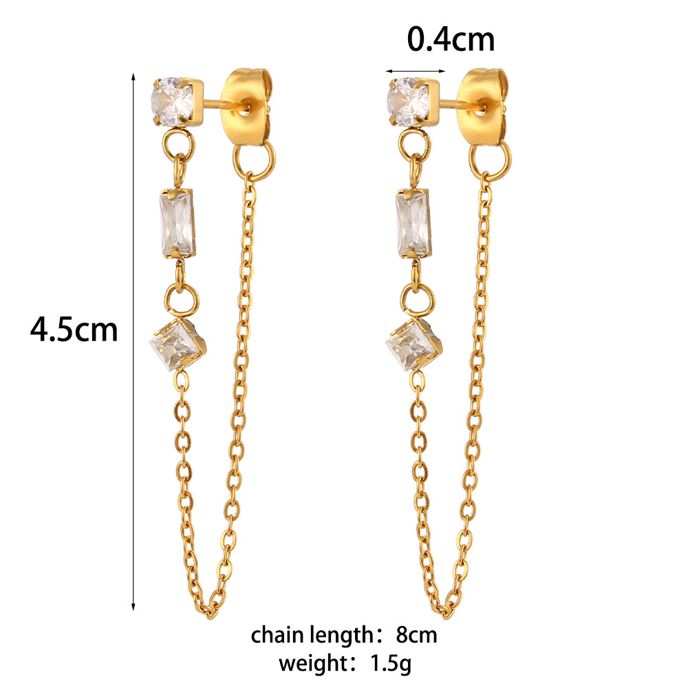 Ladies 18k Bling Micro Paved Rectangle Square Round CZ Stainless Steel Chain Drop Earring