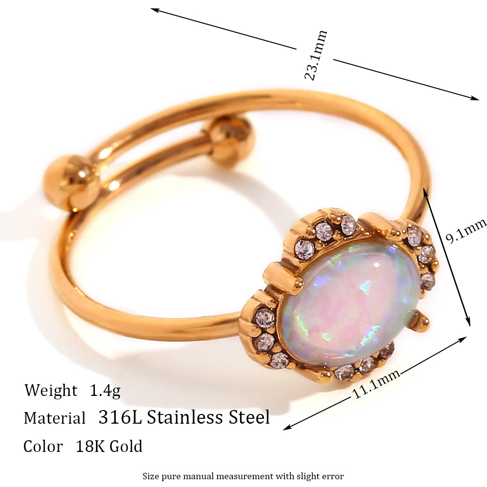 18k Gold Adjustable Circle Heart Sun Teardrop Natural Opal Stone Waterproof Rings