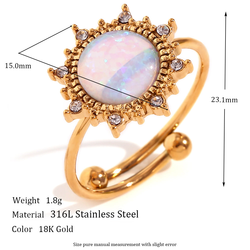 18k Gold Adjustable Circle Heart Sun Teardrop Natural Opal Stone Waterproof Rings