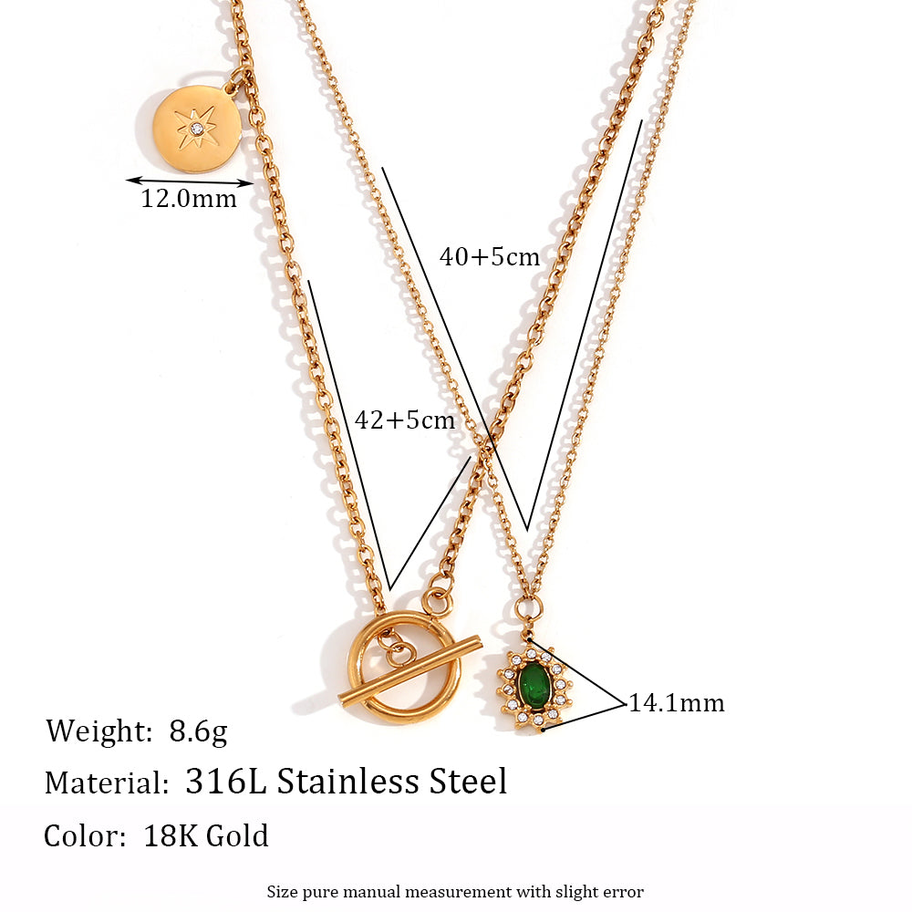 Women's Double Layer Bling CZ Buckle Necklace Water Resistant 18K Gold Pendant