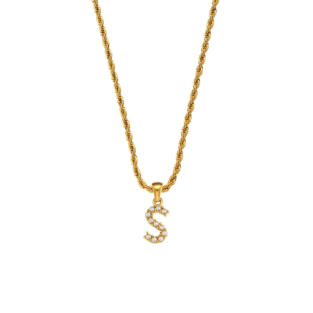 18k Gold No Fade Stainless Steel PVD Tarnish Free Elegant Pearl Letter Necklace