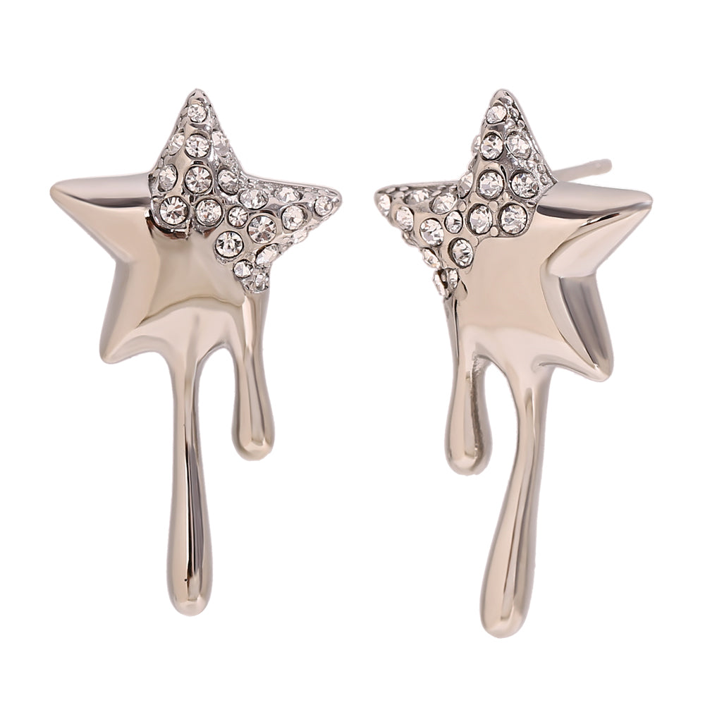 18k Stainless Steel Bling Bling CZ Star Tassel Stud Waterproof Hip Hop Earrings