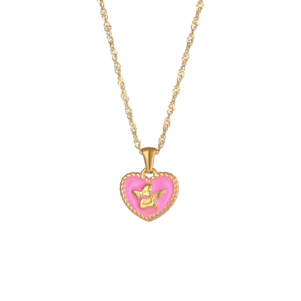 18k Gold Stainless Steel Tarnish Free Angel Heart Enamel Pendant Necklaces