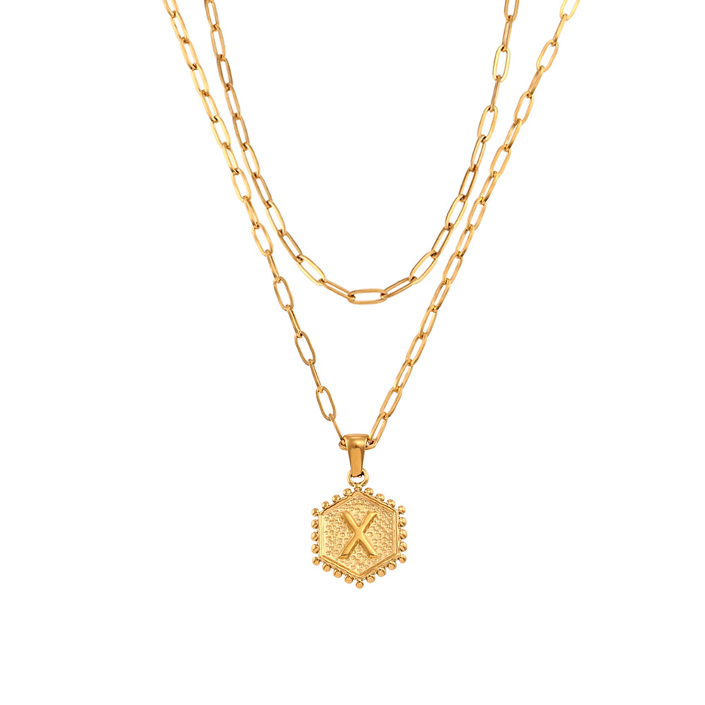 Ladies 18k Gold Hexagonal Shape A-Z Alphabet Letters Hip Hop Chain Pendant Necklaces