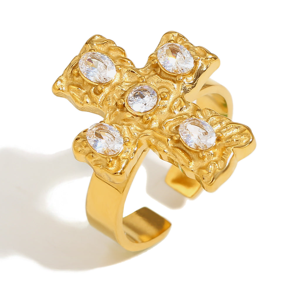 Womens Luxury 18k Gold Multicolor CZ Stainless Steel Waterproof Cross Ring