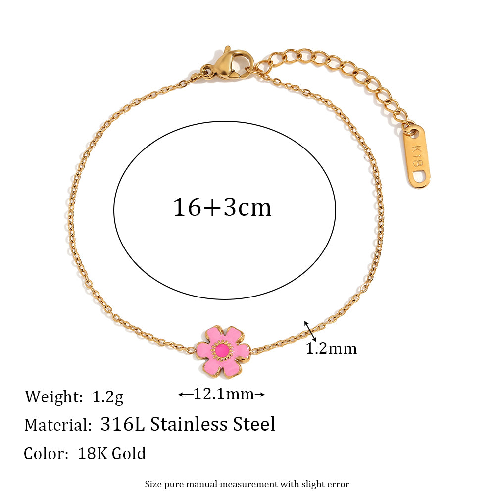 Waterproof Dainty Enamel Flower 18k Gold Stainless Steel Charm Bracelets