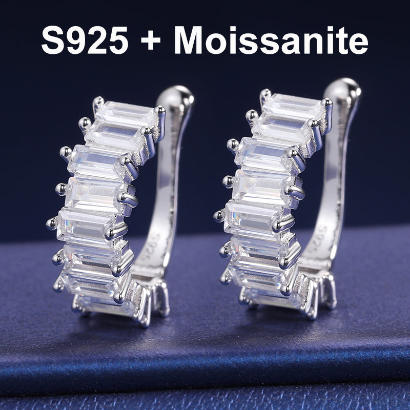 Clip On Solid 925 Silver Moissanite Diamond Baguette Bling Non-Piercing Stud Hip Hop Earrings