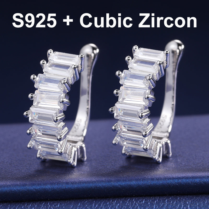 Clip On Solid 925 Silver Moissanite Diamond Baguette Bling Non-Piercing Stud Hip Hop Earrings