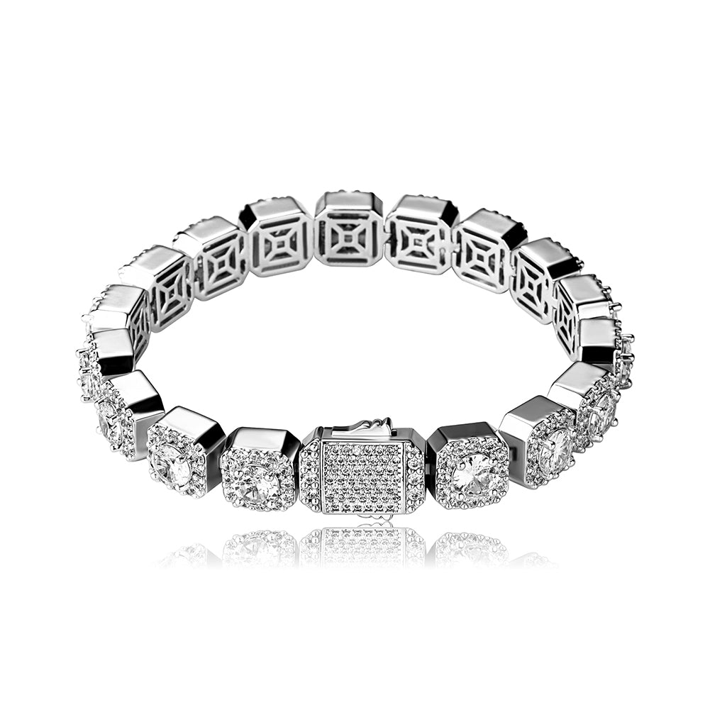 Yellow White Gold VVS Diamond CZ Hip Hop Clustered Stone Spring Clasp Tennis Bracelet