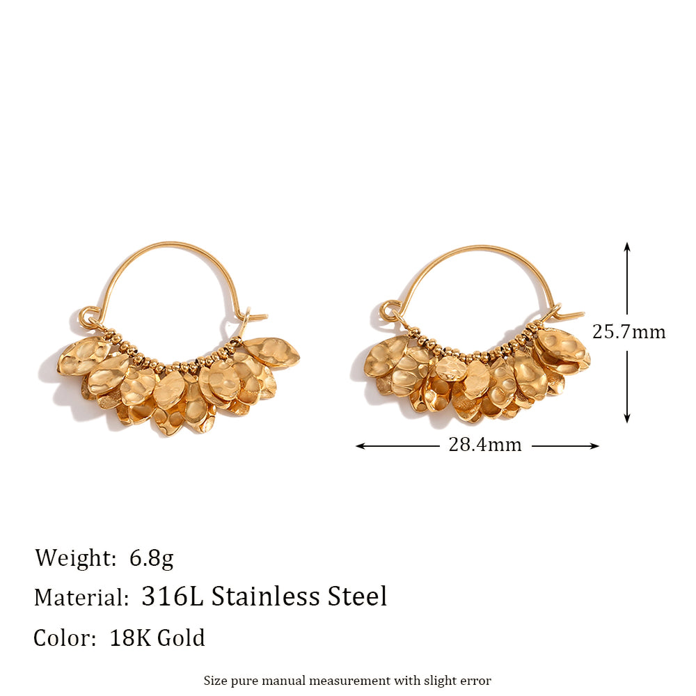 Stainless Steel 18k Gold Elegant Hammered Leaf Pattern Designer Style Earrings