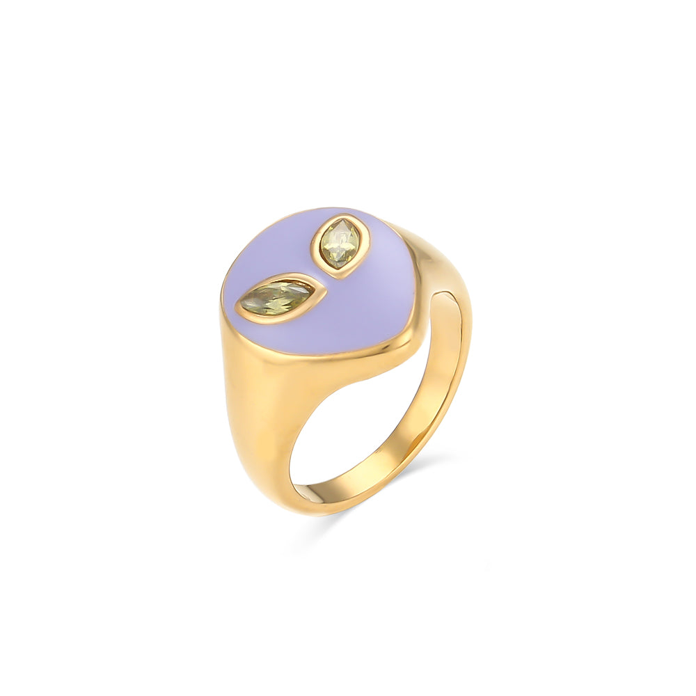18k Gold Waterproof Tarnish Free Stainless Steel Colorful Pink Green CZ Stone Alien Rings