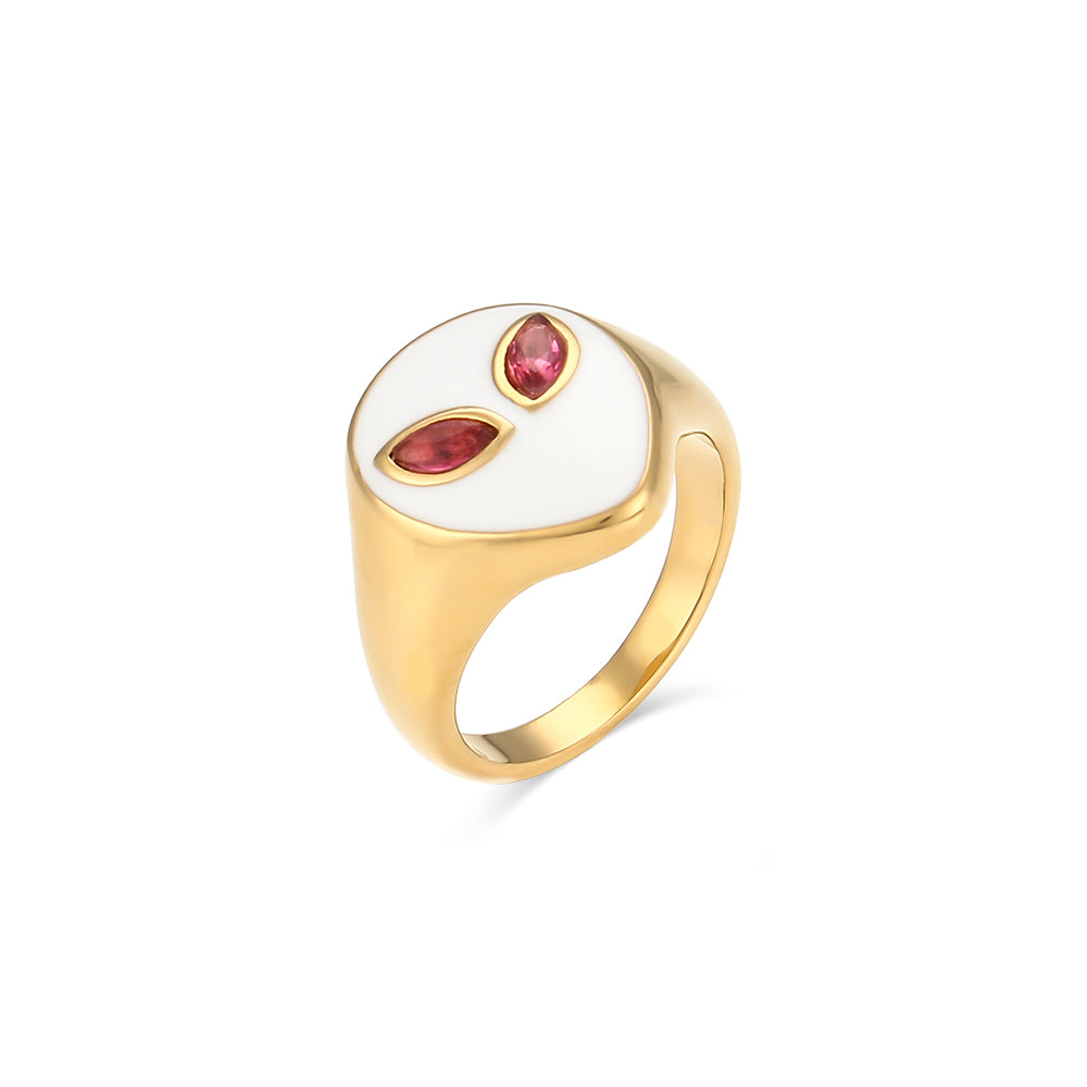 18k Gold Waterproof Tarnish Free Stainless Steel Colorful Pink Green CZ Stone Alien Rings