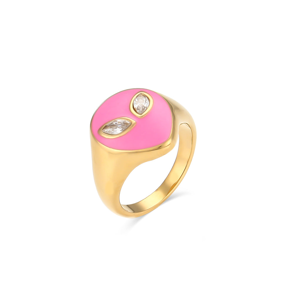 18k Gold Waterproof Tarnish Free Stainless Steel Colorful Pink Green CZ Stone Alien Rings
