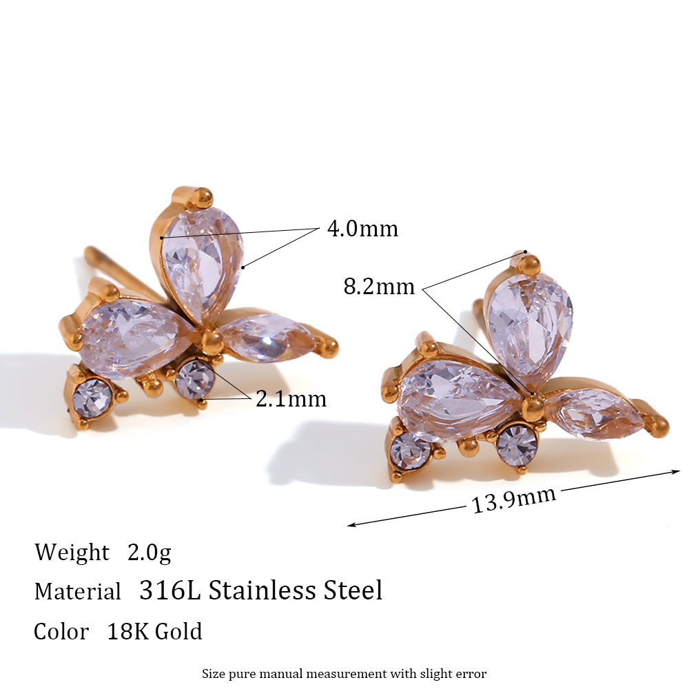 Elegant Flower Leaf 3A Cubic Zirconia 18k Gold Waterproof Stainless Steel Stud Earrings