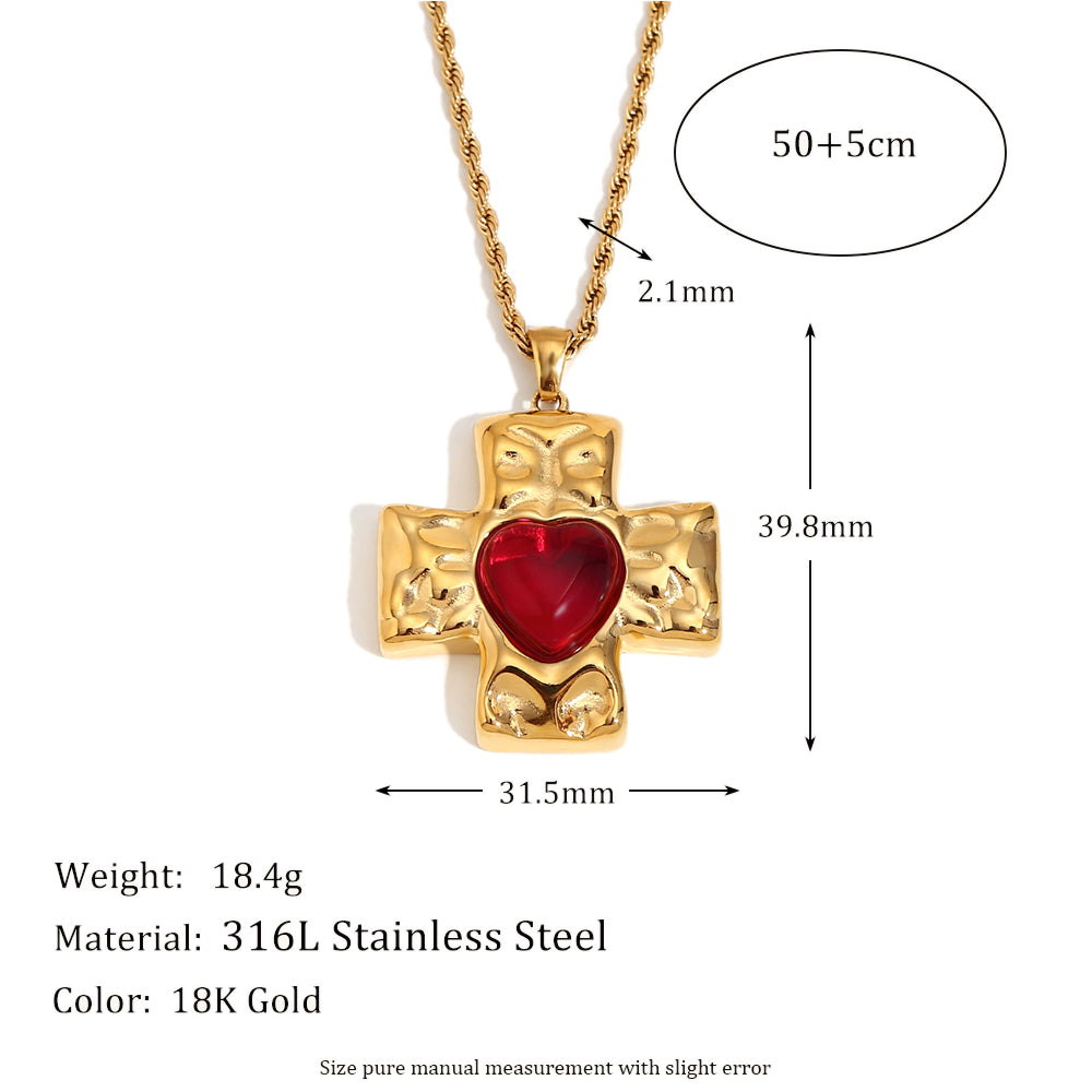 18k Gold Stainless Steel Hammered Pattern Heart Cross Agate Stone Pendant Necklace