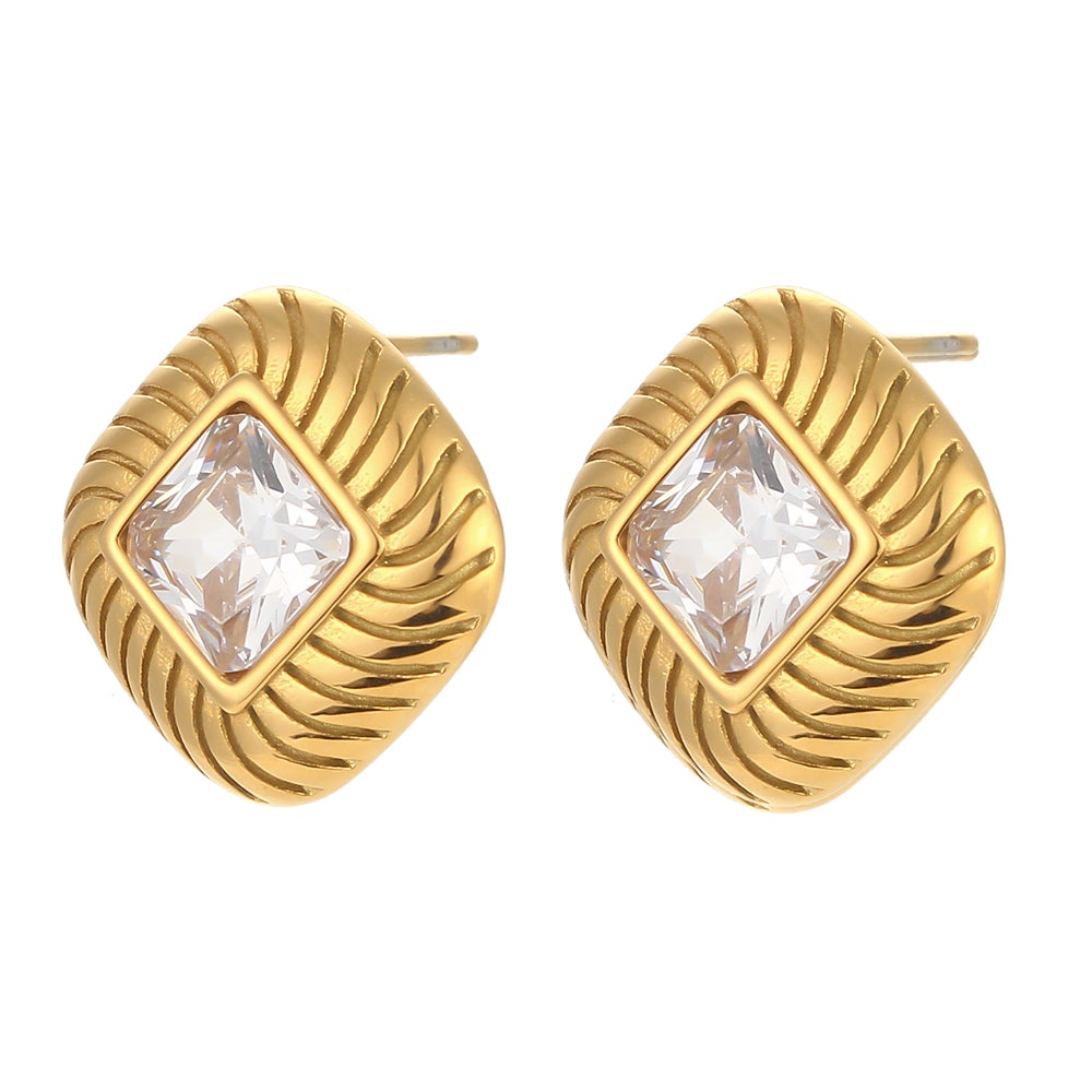 18k Gold Stainless Steel Square Texture Zircon Stone Stud Luxury Bling Earrings