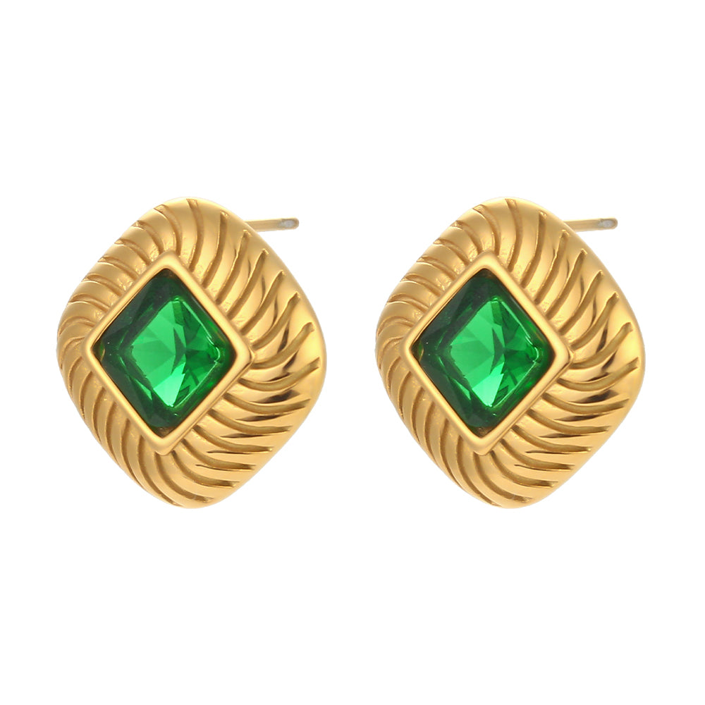 18k Gold Stainless Steel Square Texture Zircon Stone Stud Luxury Bling Earrings