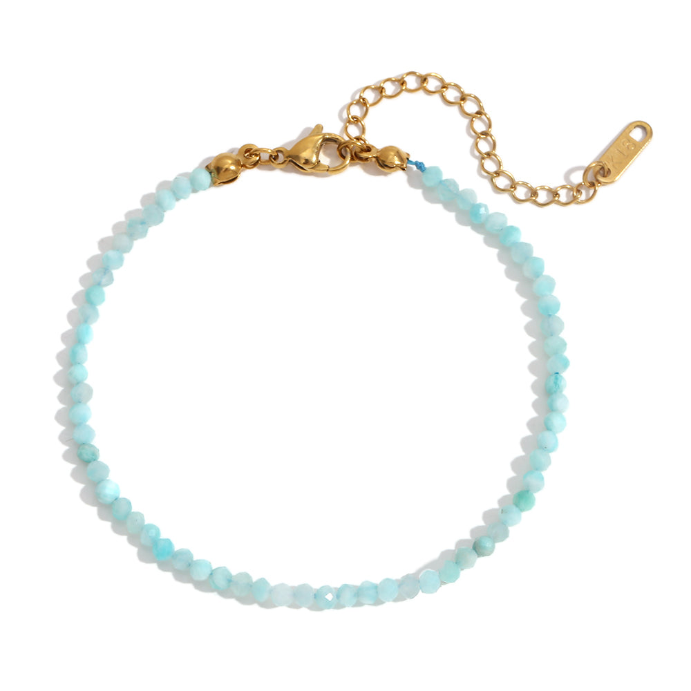 Stainless Steel Colorful Natural Stone Amazonite Round Beads 18k Gold Bracelets