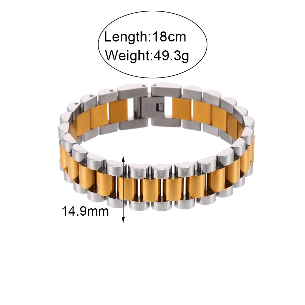 18k Gold Stainless Steel Exaggerated Hip Hop 15mm Watchband Bracelet