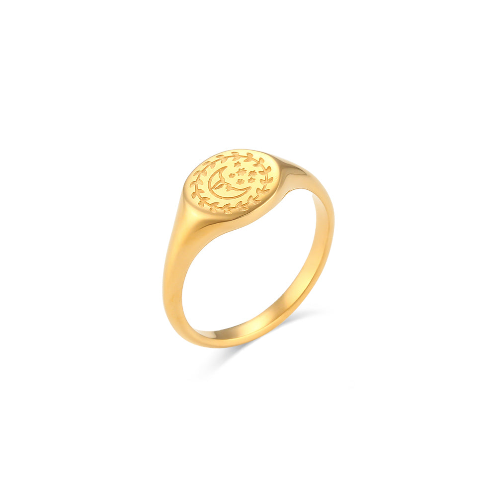 18k Gold Facial Expression of Moon Sun Star Goddess Stainless Steel Ring