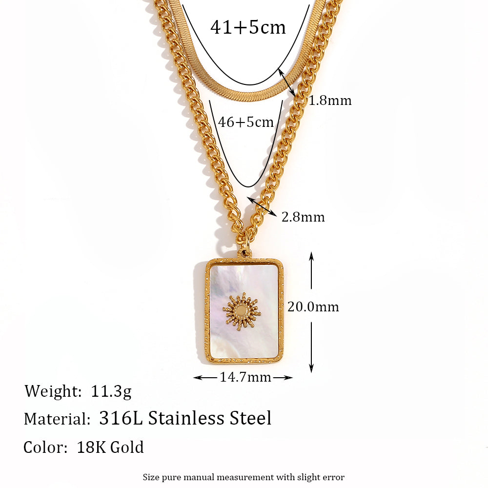 Double Layer Herringbone Twisted Chain Square Sun Ray Shell Sun Pendant Necklace