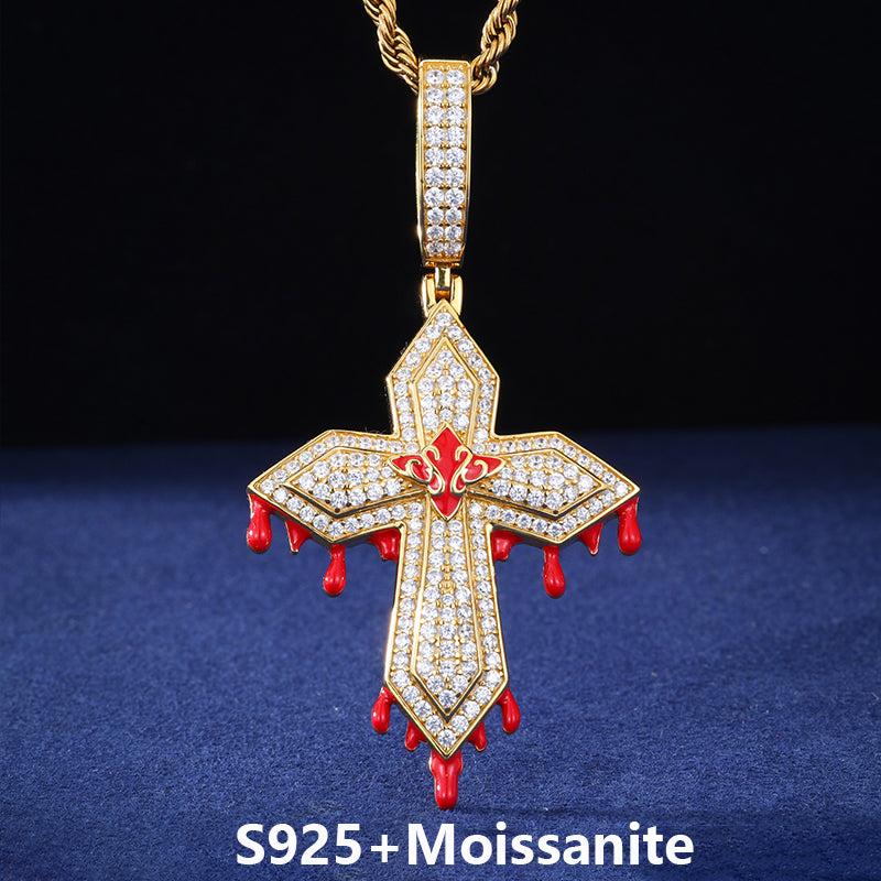 Blood Ties | Solid 925 Sterling Silver Moissanite Diamond Hip Hop Blood Drip Cross Pendant
