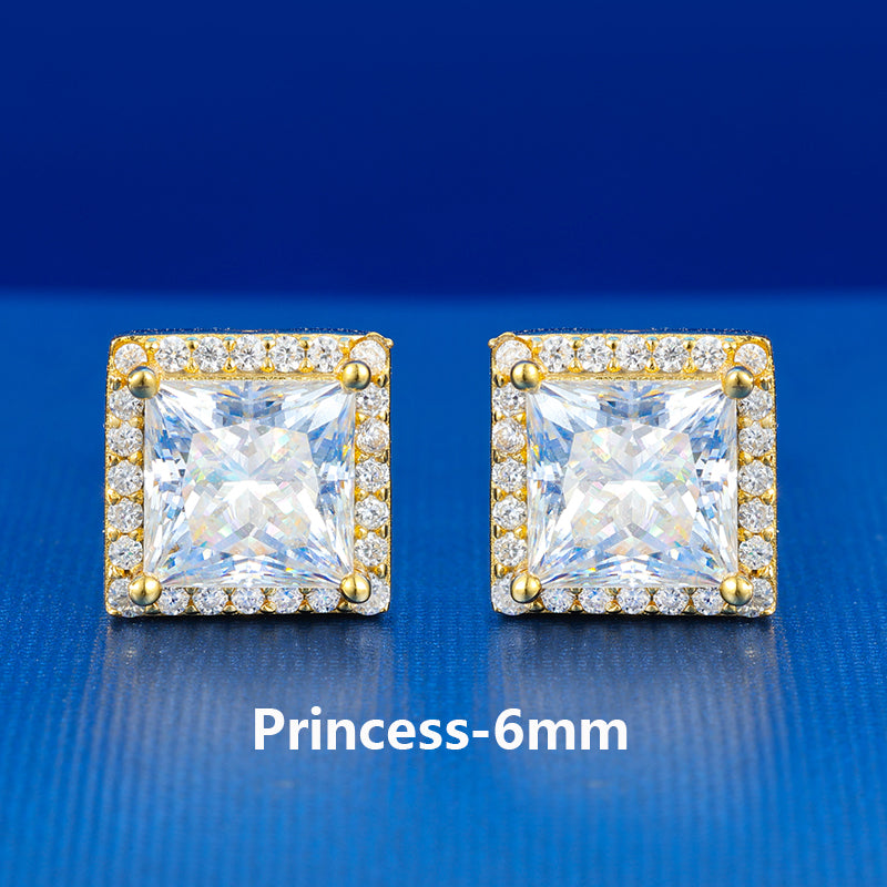 925 Sterling Silver Moissanite Diamond Halo Stud Hip Hop Princess Cut Earrings
