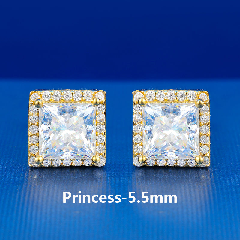 925 Sterling Silver Moissanite Diamond Halo Stud Hip Hop Princess Cut Earrings